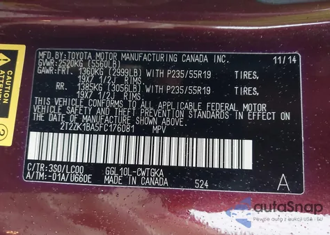 2015 Lexus Rx 350 from USA, damaged, VIN 2T2ZK1BA5FC176081